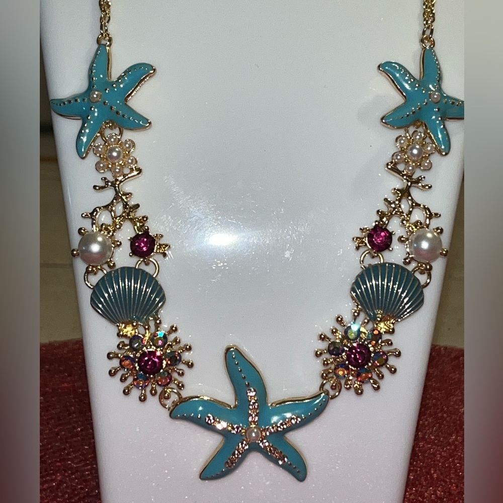 Chic Beach Turquoise Starfish Rhinestone Pearl Mermaid Seashell Necklace NEW! - Picture 5 of 7
